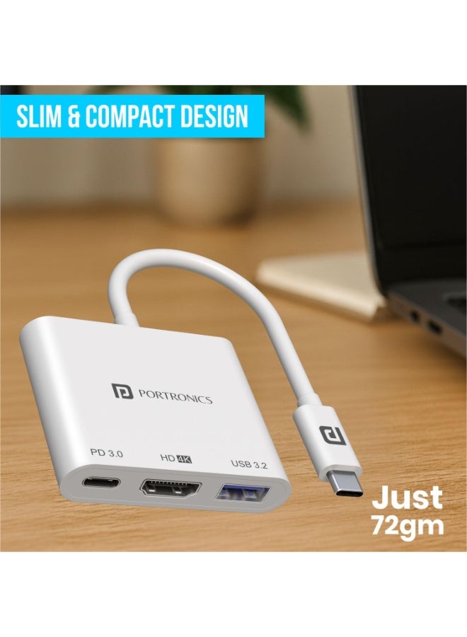 Portronics C-Konnect Type C to HDMI Adapter (3-in-1), Multiport USB C Hub with 4K@30Hz, USB 3.0 @ 5Gbps, 100 W PD Charging Port for Laptop, MacBook, PC and Other Type C Devices (White) - Image 3